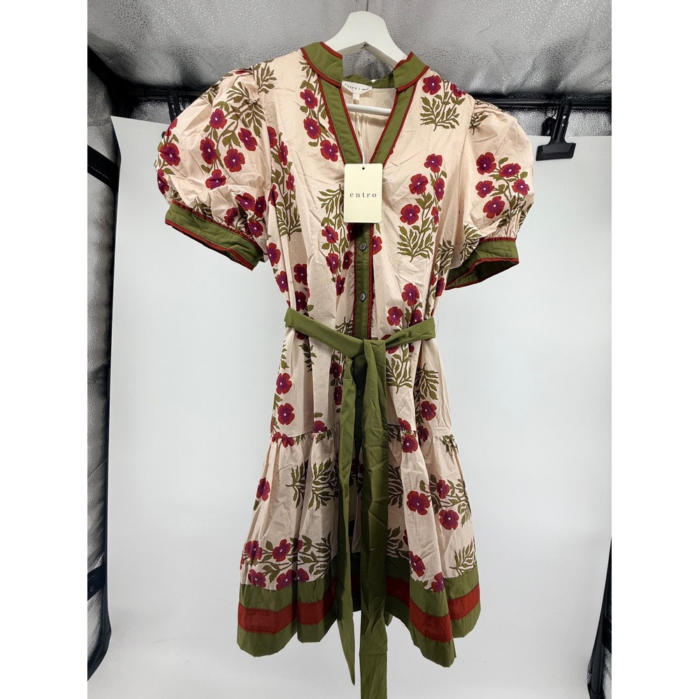 Entro Floral Cotton Mini Dress Green Trim Puff Sleeve Tiered Boho D28297 Small